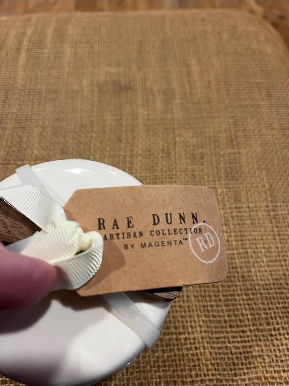 Rae Dunn White Ceramic Jar with Cream Ribbon and Wooden Spoon